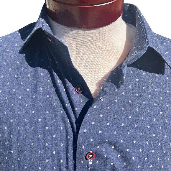 LORENZO UOMO Men's Trim Fit Button Up Shirt Blue White Dots Woven - 16 (34-35) - Picture 1 of 4